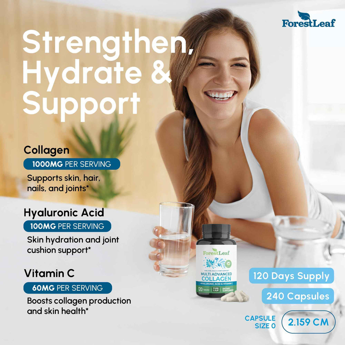 ForestLeaf Multi Collagen Pills with Hyaluronic Acid + Vitamin C - Hydrolyzed Collagen Supplements for Women or Men - Multi Collagen Capsules Peptides for Skin, Wrinkles, 120 Caps