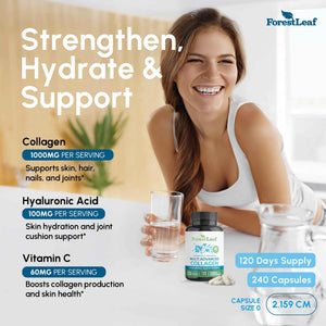 ForestLeaf Multi Collagen Pills with Hyaluronic Acid + Vitamin C - Hydrolyzed Collagen Supplements for Women or Men - Multi Collagen Capsules Peptides for Skin, Wrinkles, 120 Caps