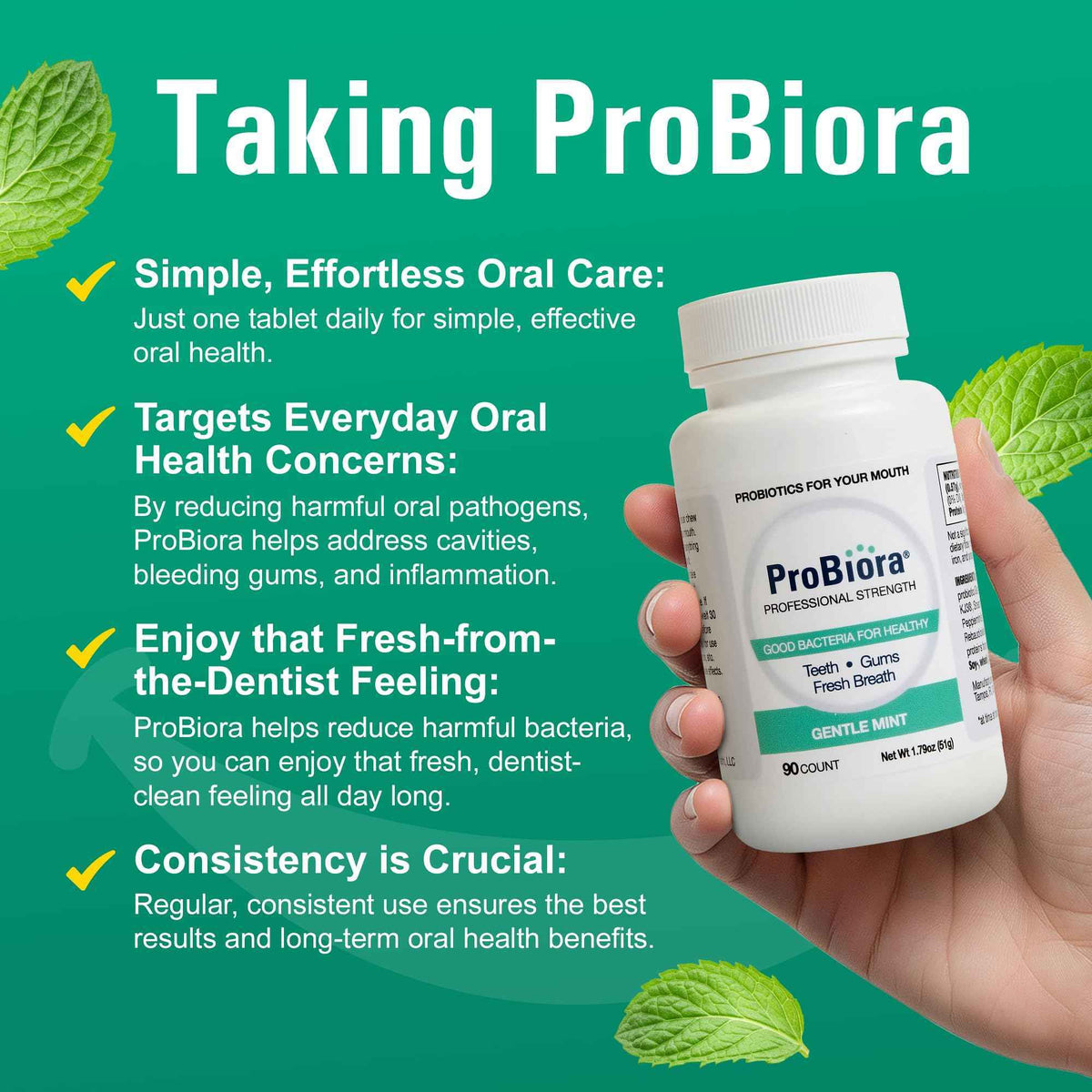 ProBiora Professional Strength Oral Probiotics for Teeth and Gums - Dental Probiotic for Oral Health - Bad Breath Treatment for Adults - Tooth Whitening - ProBiora3 Probiotic Blend - 90 Mint Tablets