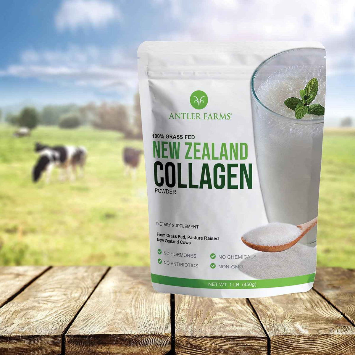 Antler Farms New Zealand Collagen Powder - Grass Fed, Unflavored, 1 lb - 100% Pure Hydrolyzed Collagen Peptides Powder, Cold Water Soluble Peptide, Keto Friendly, Bioavailable, Quick Dissolving