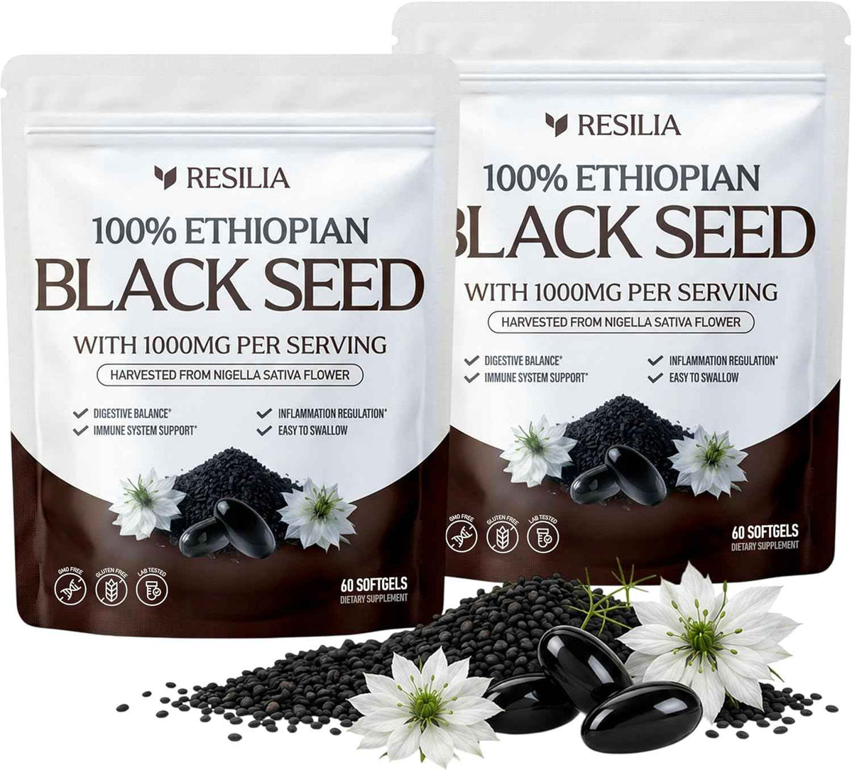Resilia Ethiopian Black Seed Softgels 1000mg Per Serving - Premium Nigella Sativa Seed Oil Supplement - Digestive & Immune Support Formula - Easy to Swallow Soft Capsules 120 Count (Pack 2)