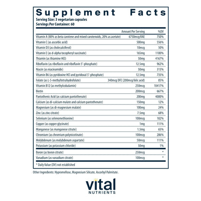 Vital Nutrients Multi-Nutrients (No Iron or Iodine) - Comprehensive Vegetarian Daily Multivitamin and Mineral Formula with Potent Antioxidants* - Gluten, Dairy, Soy Free - Non-GMO - 180 Capsules
