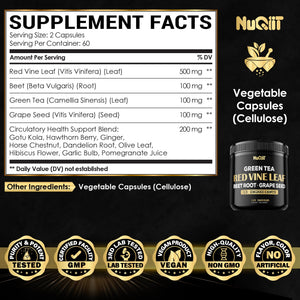 Red Vine Leaf Extract 15000mg Beet Root 3000mg Organic Green Tea 3000mg Supplement & More - Support Heart Health, Strength, Immune System & Body Management - 120 Vegan Capsules for 2-Month Supply NUQIITBuy Supplements Australia
