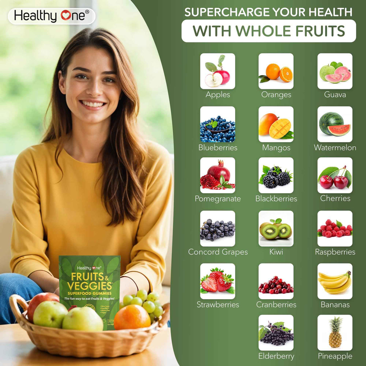 Fruits & Veggies Sugar-Free Gummies - 27 Whole Foods - Equals 3 Servings of Fruits & Vegetables - Improve Energy, Focus & Immune Function - Fiber - Antioxidants - Organic Ingredients - 14 Packets