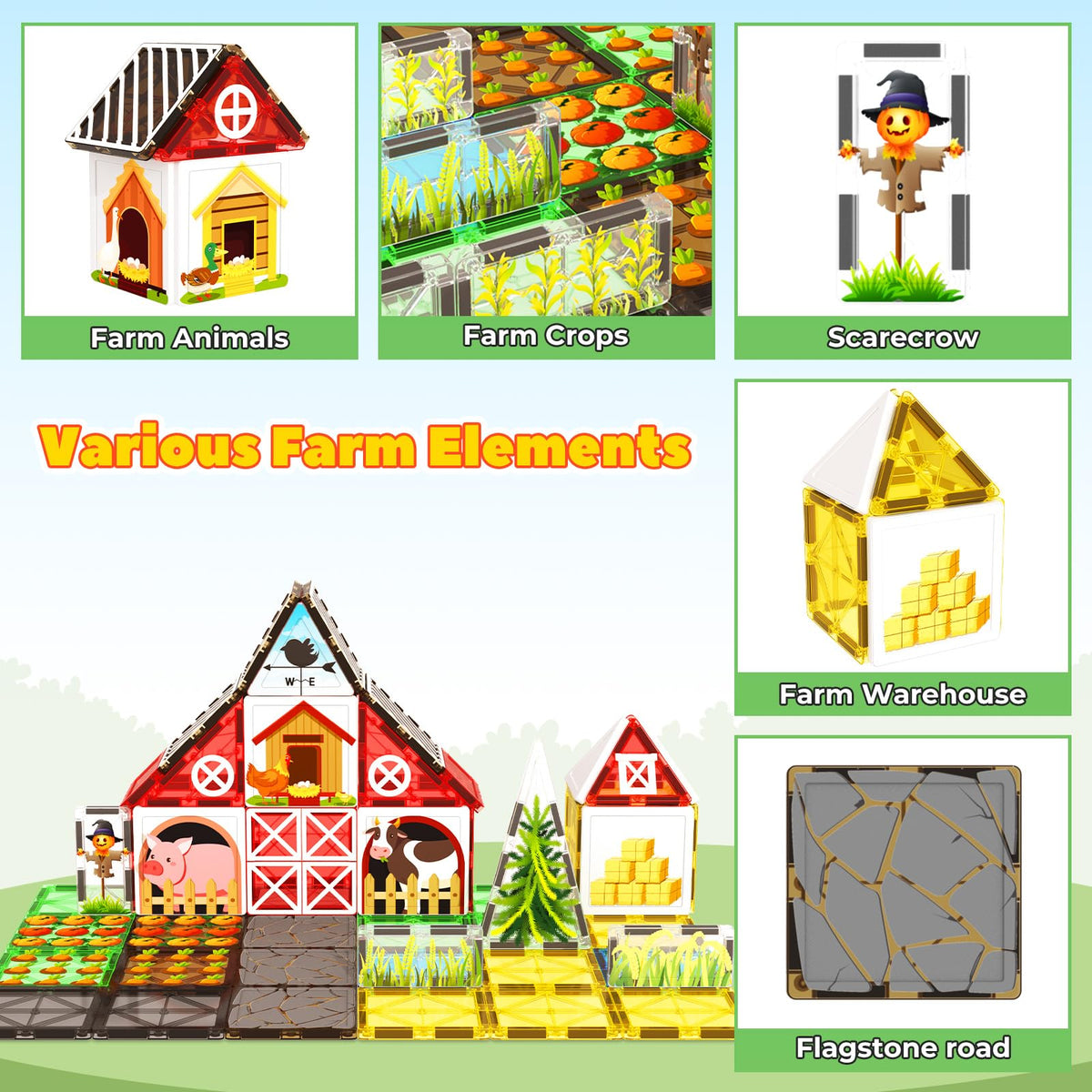 Magnetic Tiles Farm Animal Toys Set for Toddles Kids, Montessori STEM Toys for 3+ Year Old Boys Girls, Magnetic Building Blocks, Construction Sensory Magnets Games Educational Birthday Toys Gifts