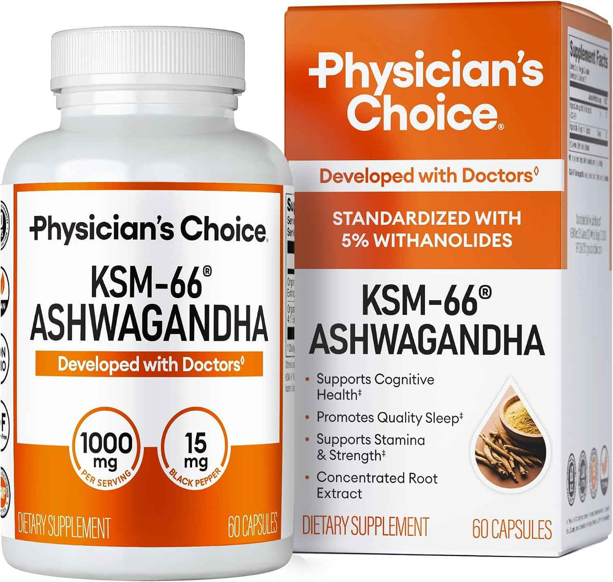 Physician's CHOICE KSM-66 Ashwagandha Root Extract 1,000mg, Organic, 60ct - Stress, Mood & Athletic Support, 5% Withanolides with Black Pepper Extract for Maximum Absorption, Vegan