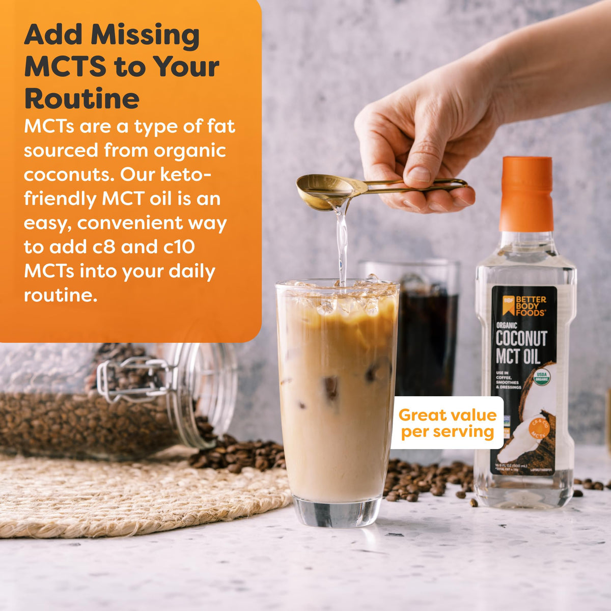 BetterBody Foods Organic Coconut MCT Oil 16.9 Fl Oz, C8 & C10, Keto Coffee