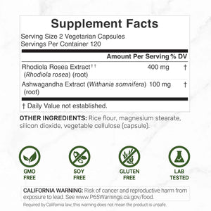 DEAL SUPPLEMENT Rhodiola Rosea with Ashwagandha, 240 Veggie Capsules - Rhodiola Rosea Supplement - Rhodiola & Ashwagandha Blend - Non-GMO