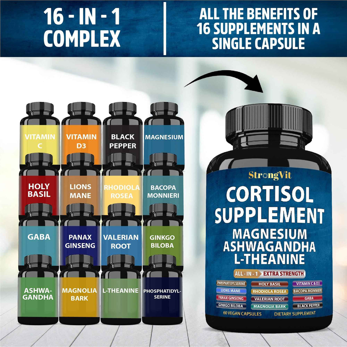 StrongVit Cortisol Supplements for Women and Men with Magnesium, Ashwagandha & L-Theanine. High Cortisol Reducer, Manager, Detox