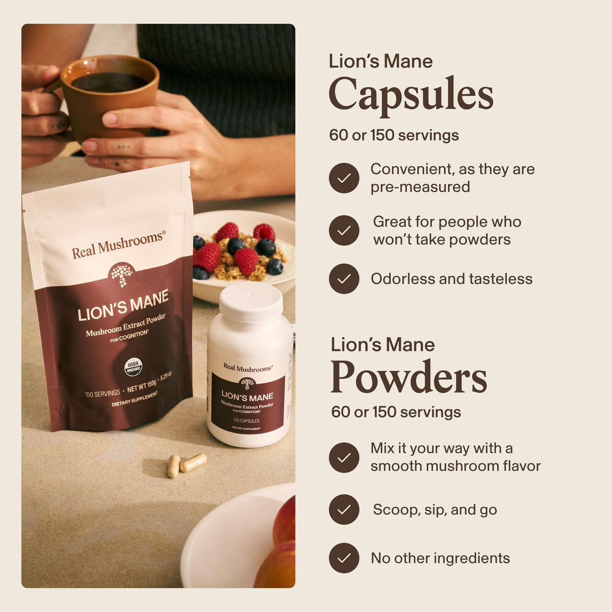 Real Mushrooms Lions Mane Mushroom Cognition (120 Capsules) Lions Mane Mushroom Powder Extract Capsules - Brain Supplement, Brain Vitamins, Focus Supplement