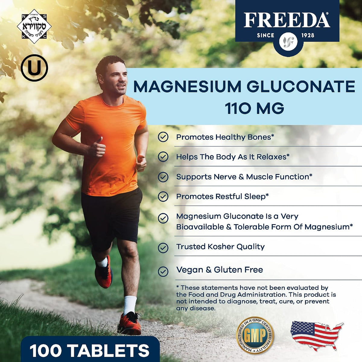 Freeda Magnesium Gluconate Vegan Supplement - 100 Tablets - Gentle and Highly Absorbable Magnesium Gluconate Supplement - Supporting Bone, Nerve & Muscle Function