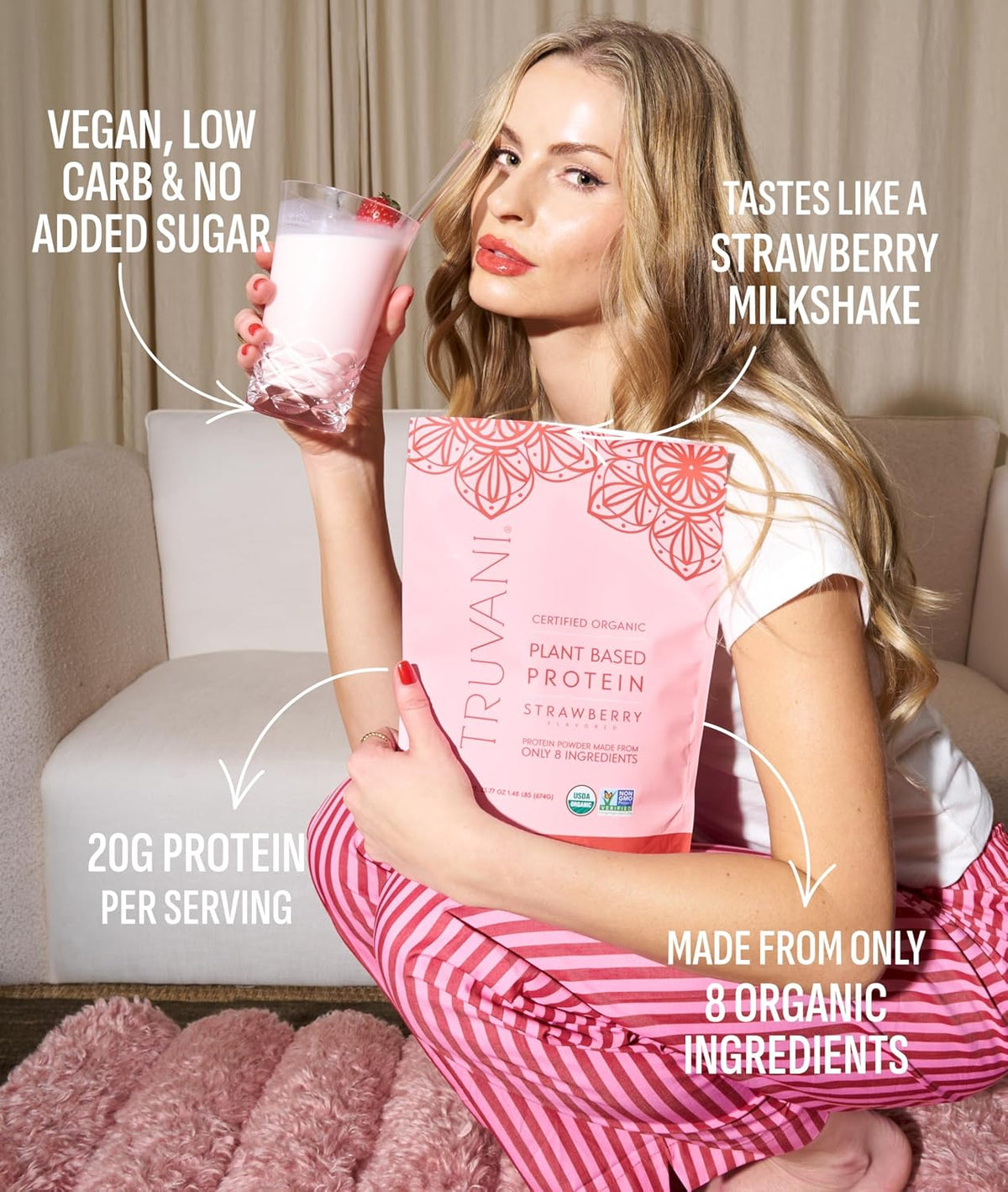 Truvani Organic Plant Based Protein Powder - Strawberry - 10 Servings - Vegan - 20g Pea Protein - Single Serving Travel Packets - Keto - Gluten & Dairy Free - Low Carb