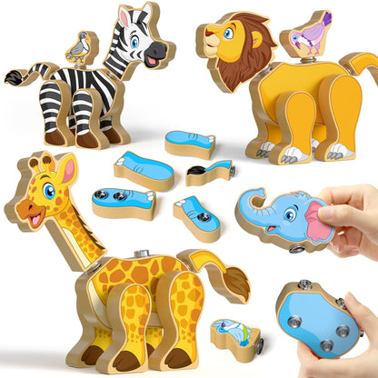 Coogam Wooden Snap Together Building Toy, Take Apart Construction Builders, Assembly Animal Building Blocks, STEM Fine Motor Learning Toy Gift for 3 4 5 Years Old Kids