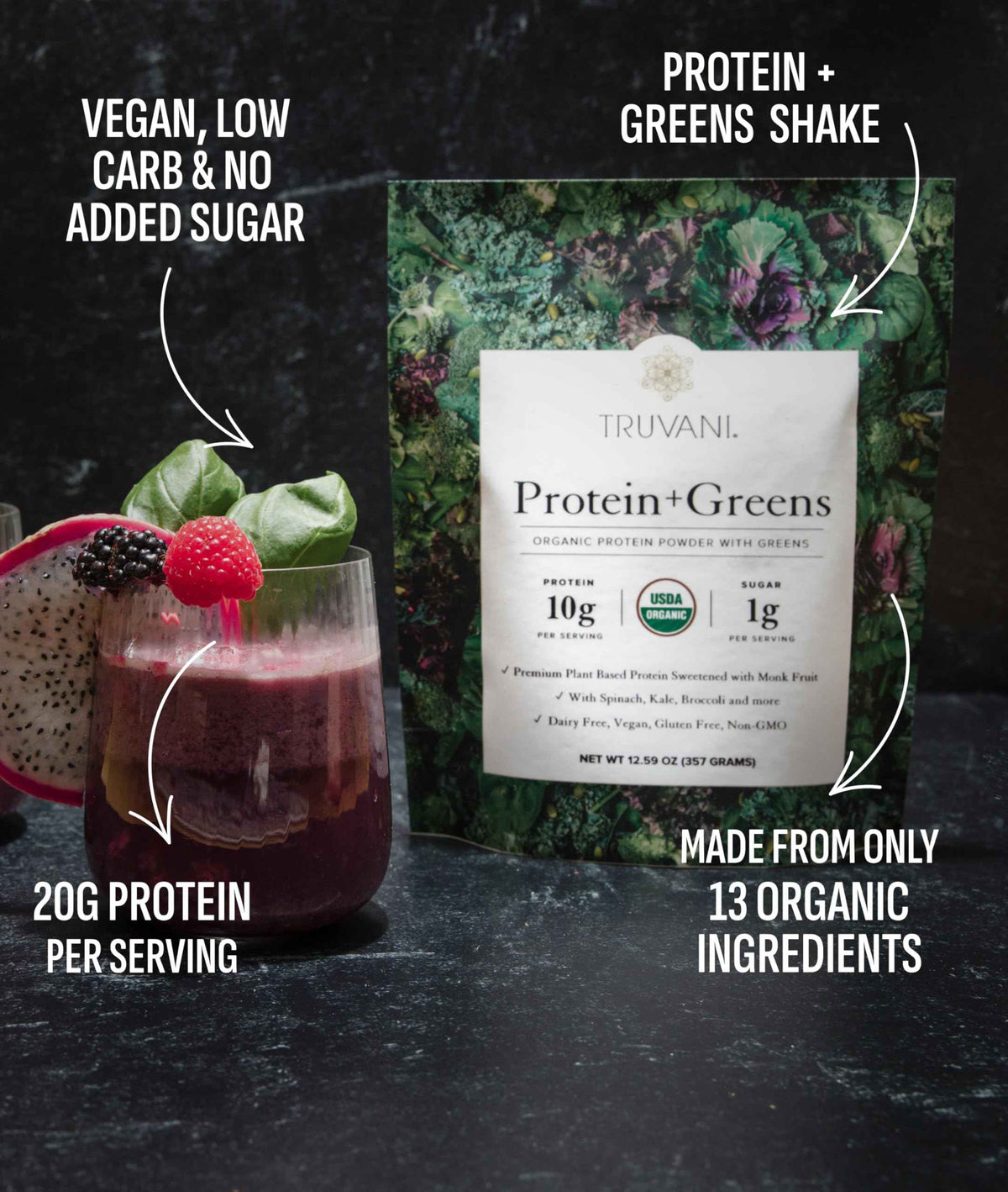 Truvani Protein + Greens Supplement - Spinach, Kale & Broccoli - 10g Organic Plant Based Protein - 20 Servings - USDA Organic - Gluten & Dairy Free