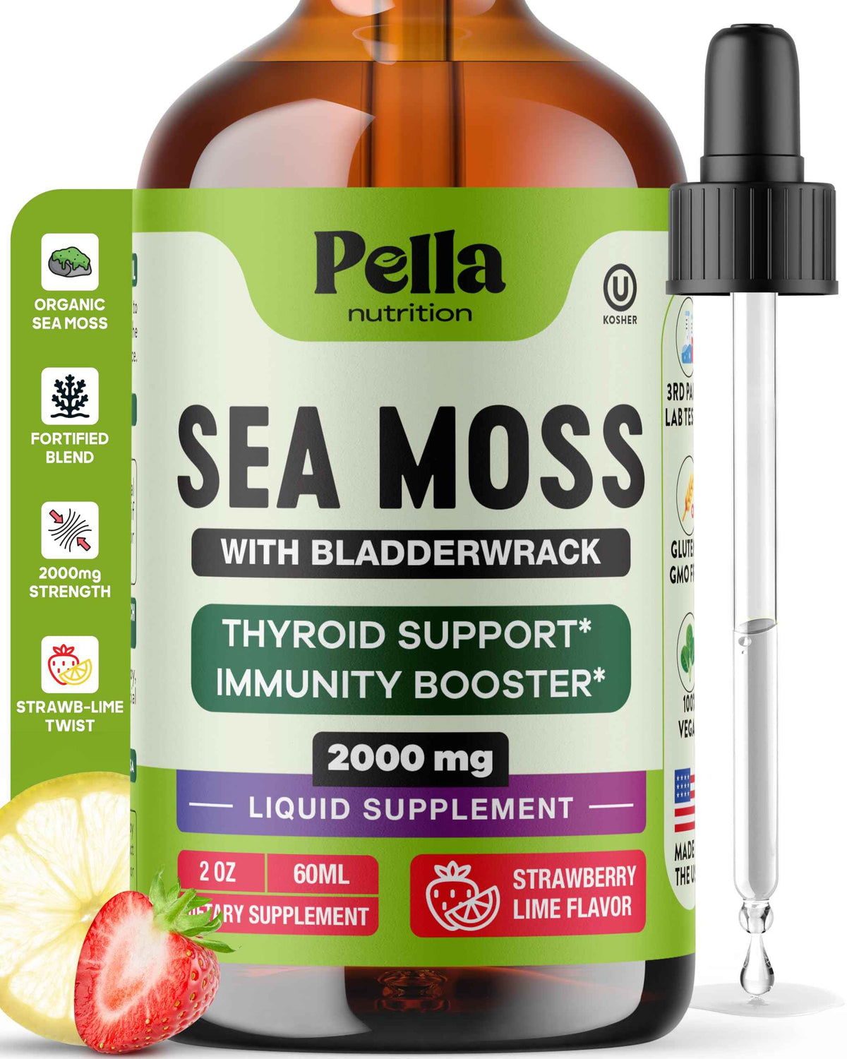 Pella Nutrition Sea Moss Drops with Bladderwrack - 4X Faster Absorption Than Irish Sea Moss Gel Superfood, Gummies, and Capsules - Digestive & Immune Support Supplement (Strawberry Lime, 60mL)