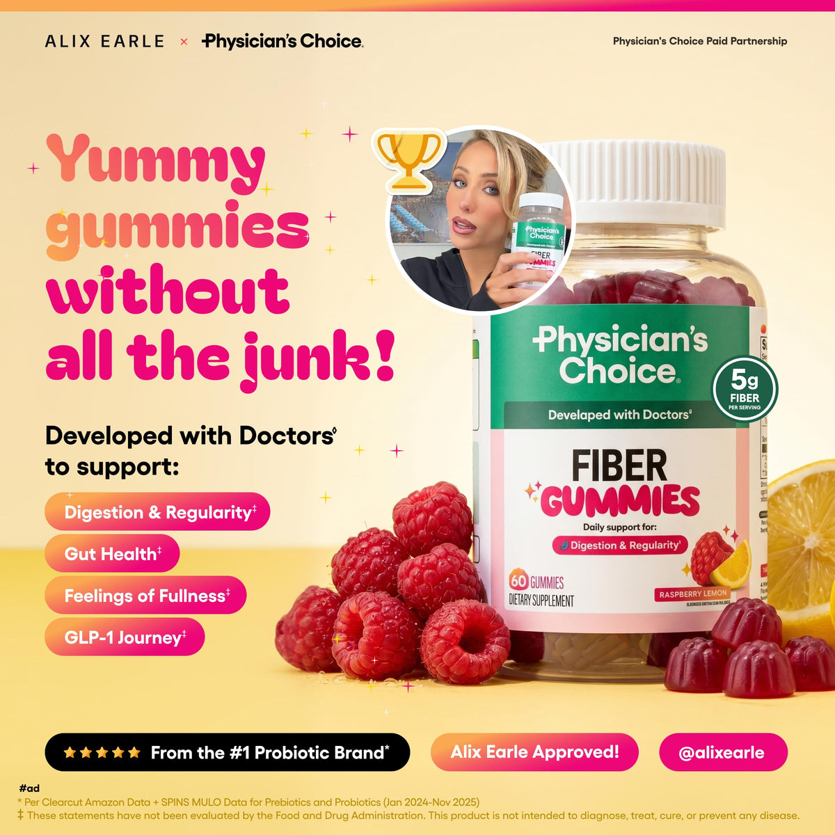 Physician's CHOICE Fiber Gummies for GLP-1 Support - No Sugar Added & Vegan - Raspberry Lemon - Natural Chicory Root Prebiotic Fiber Gummy - Digestive Health & Regularity for Women & Men - 60CT