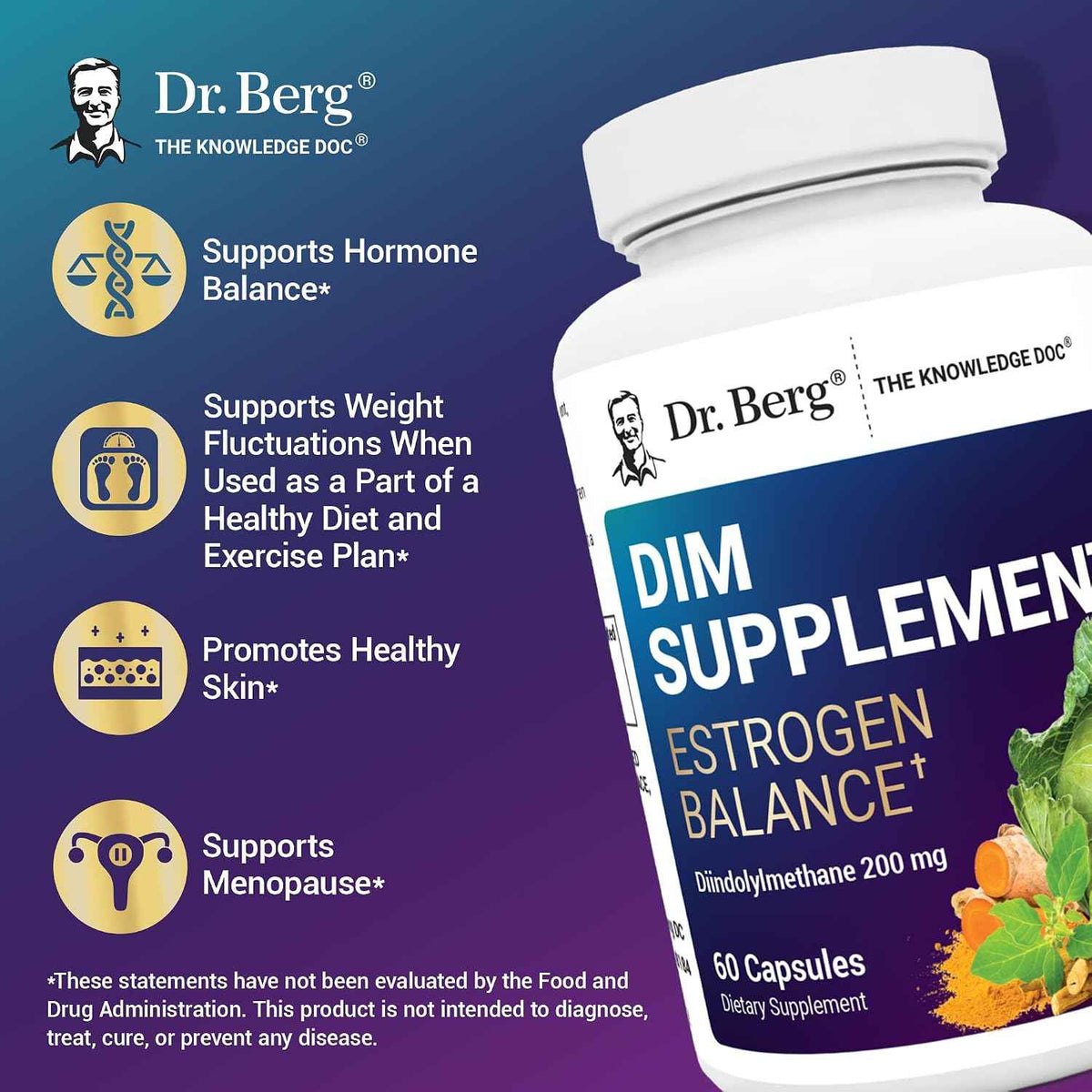 Dr. Berg DIM Supplement Estrogen Balance - Original Estrogen Supplement for Women with Diindolylmethane & Black Pepper for Enhanced Absorption & Menopause Support* - 60 Capsules