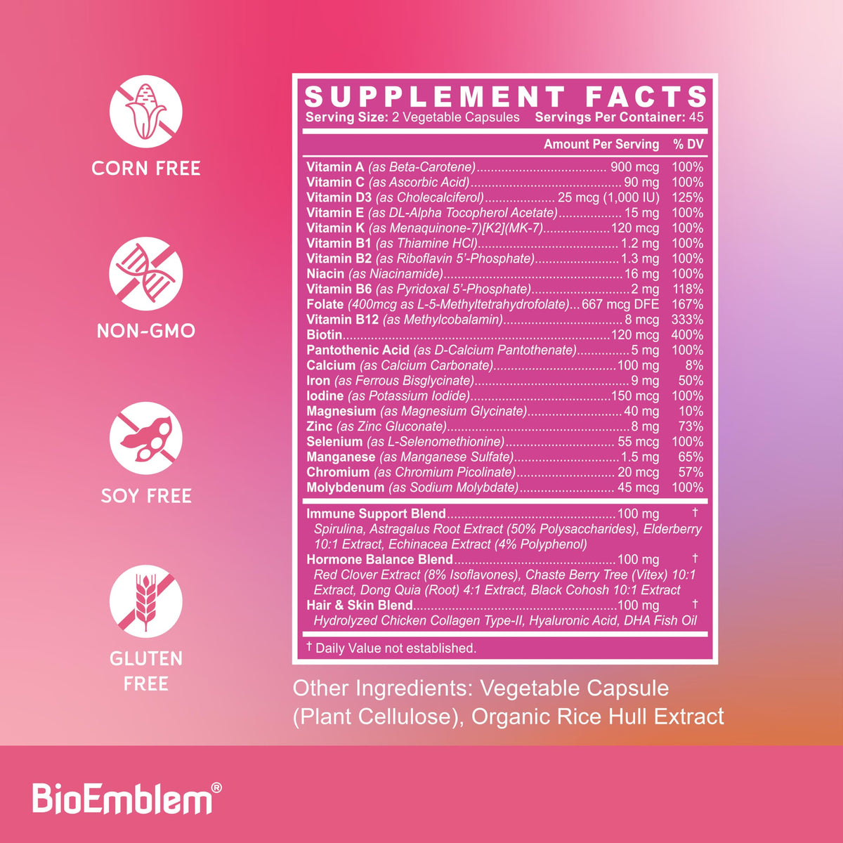 BioEmblem Women's Multivitamin - 21 Active Vitamins & Minerals - 90 Caps