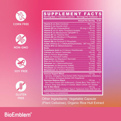 BioEmblem Women's Multivitamin - 21 Active Vitamins & Minerals - 90 Caps