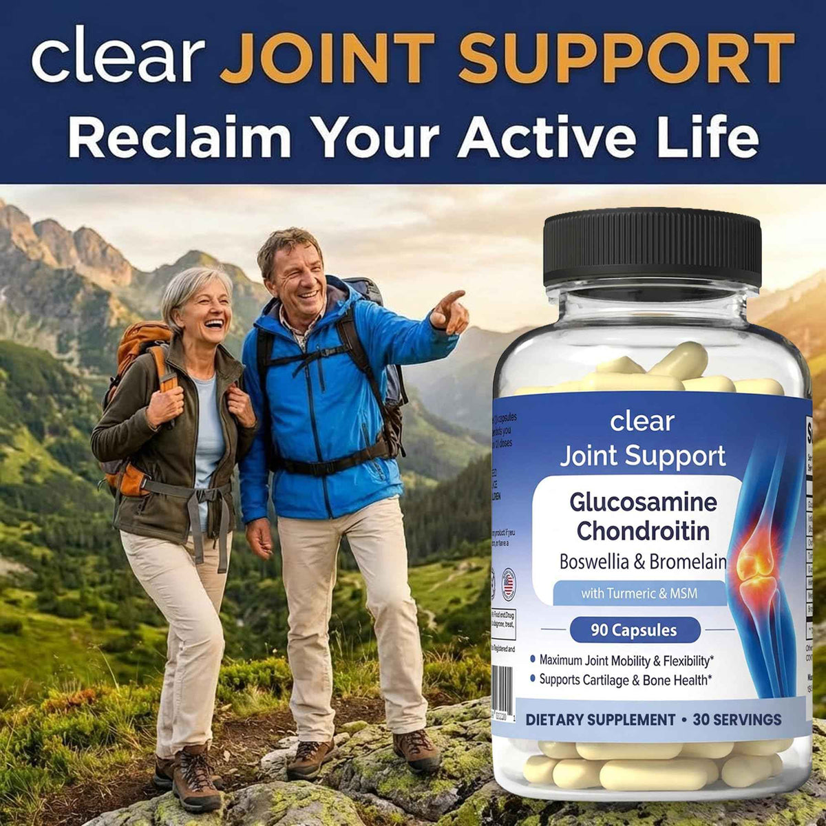 Clear Joint Support - 3-Month Supply - 3-Pack (270 Capsules) - Glucosamine Chondroitin MSM, Turmeric & Boswellia - Supports Knee, Hip & Back Health - Made in USA