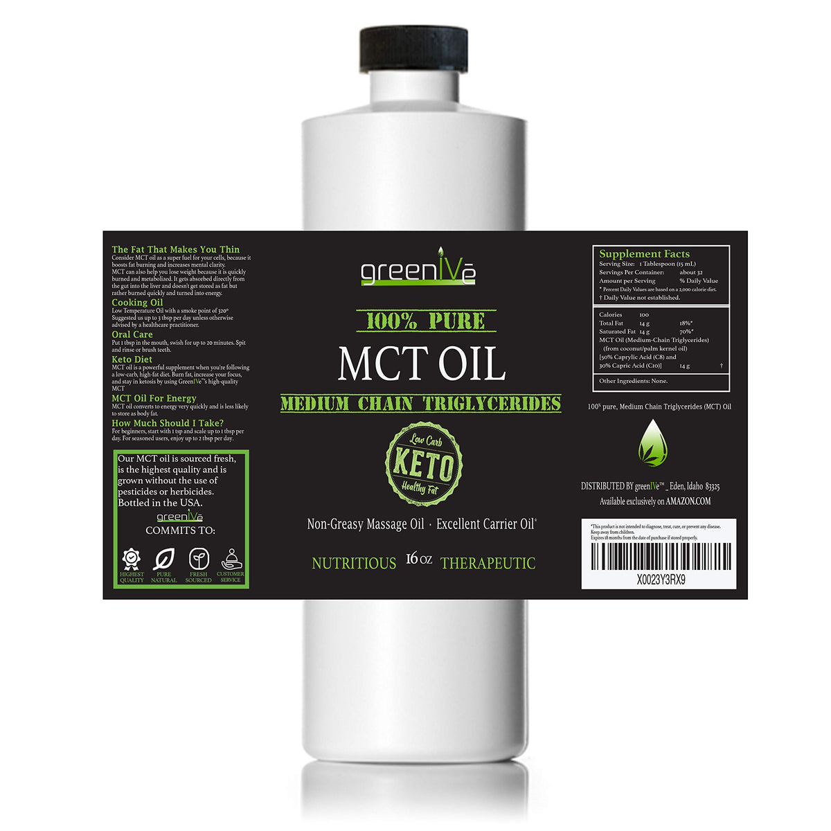 GreenIVe MCT Oil 100% Pure C8 C10 Caprylic Capric Acid Non-GMO Keto Paleo Bulletproof Coffee Creamer Energy Fuel Carrier Oil Skin Hair Massage Oil Fractionated Coconut Oil Alternative 16 fl oz