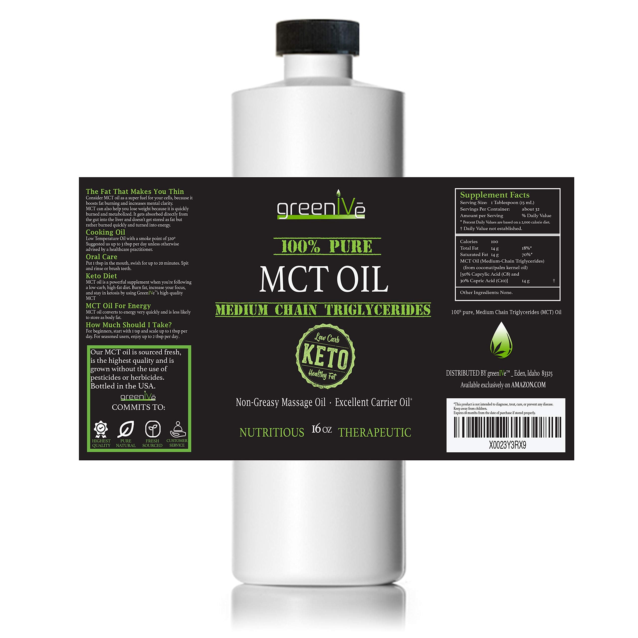 GreenIVe MCT Oil 100% Pure C8 C10 Caprylic Capric Acid Non-GMO Keto Paleo Bulletproof Coffee Creamer Energy Fuel Carrier Oil Skin Hair Massage Oil Fractionated Coconut Oil Alternative 16 fl oz