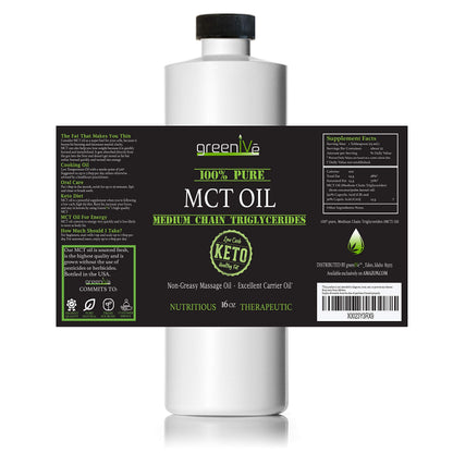 GreenIVe MCT Oil 100% Pure C8 C10 Caprylic Capric Acid Non-GMO Keto Paleo Bulletproof Coffee Creamer Energy Fuel Carrier Oil Skin Hair Massage Oil Fractionated Coconut Oil Alternative 16 fl oz