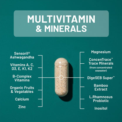 NatureWise Multivitamin for Men + Stress Support + Fulvic Ionic Minerals + Probiotics for Immunity, Male Health, Digestion + Whole Organic Foods - Vegetarian, Non-GMO - 60 Capsules[1-Month Supply]