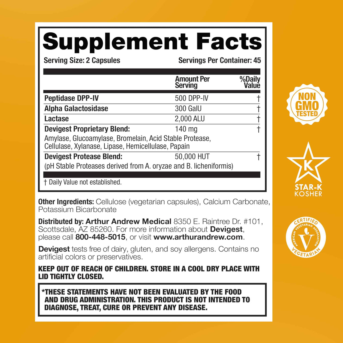 Arthur Andrew Medical - Devigest ADS, Advanced Digestive Support, Relief for Lactose Intolerance and Casein Sensitivities, Vegan, Non-GMO, 180 Capsules - Advanced Digestive Support, Relief For Lactose, Gluten, & Dairy Intolerance, & Casein Sensitivities
