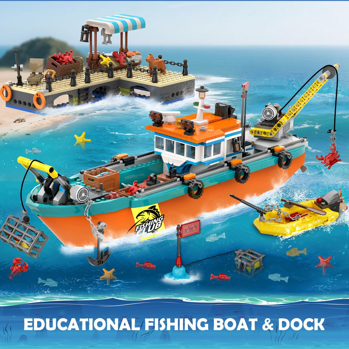 City Fishing Boat Wharf Building Set - Floatable Sea Fishing Ship Building Block Kit with Speedboat Crane Containers Exploration Boats Toy Birthday Gift for Kids Boys Girls 6 7 8 9 10+, 762PCS