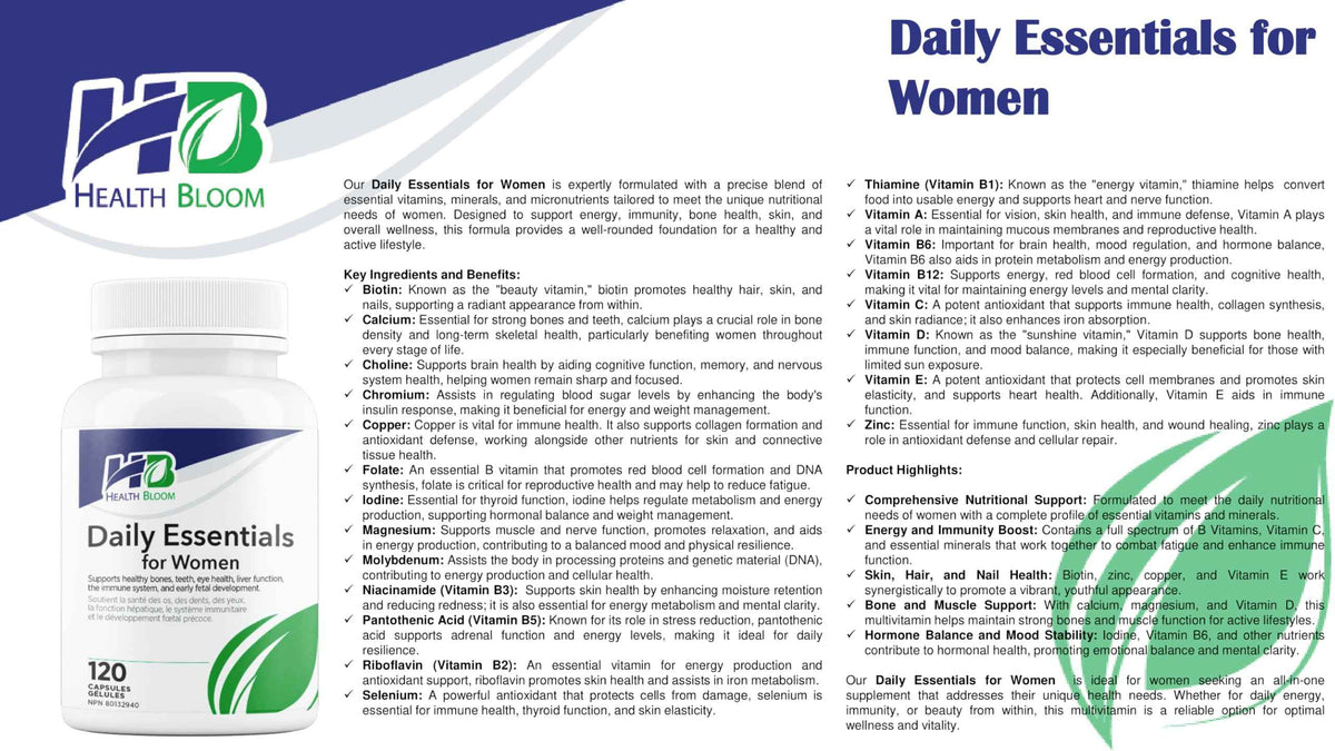 Daily Essentials for Women - 120 Capsules - Health Bloom - Vitamins and Minerals Capsules