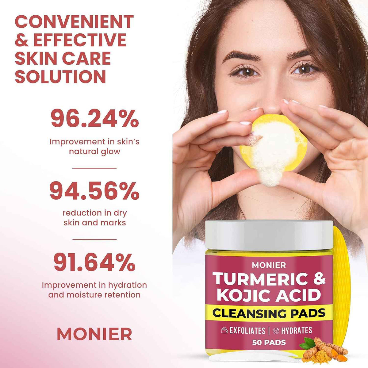 Turmeric Kojic Acid Cleansing Pads for Face Dark Spots - Hydrates & Plumps - With Vitamin C & E, Sensitive Skin Friendly (50 Pads)