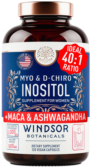 Myo-Inositol & D-Chiro Inositol 40:1 Ratio 2,000 mg - PCOS Supplements with Maca Root & Ashwagandha - Ovarian Health Support Vitamins - Hormone & Fertility Supplements for Women - 120 Vegan Caps WINDSOR BOTANICALSBuy Supplements Australia