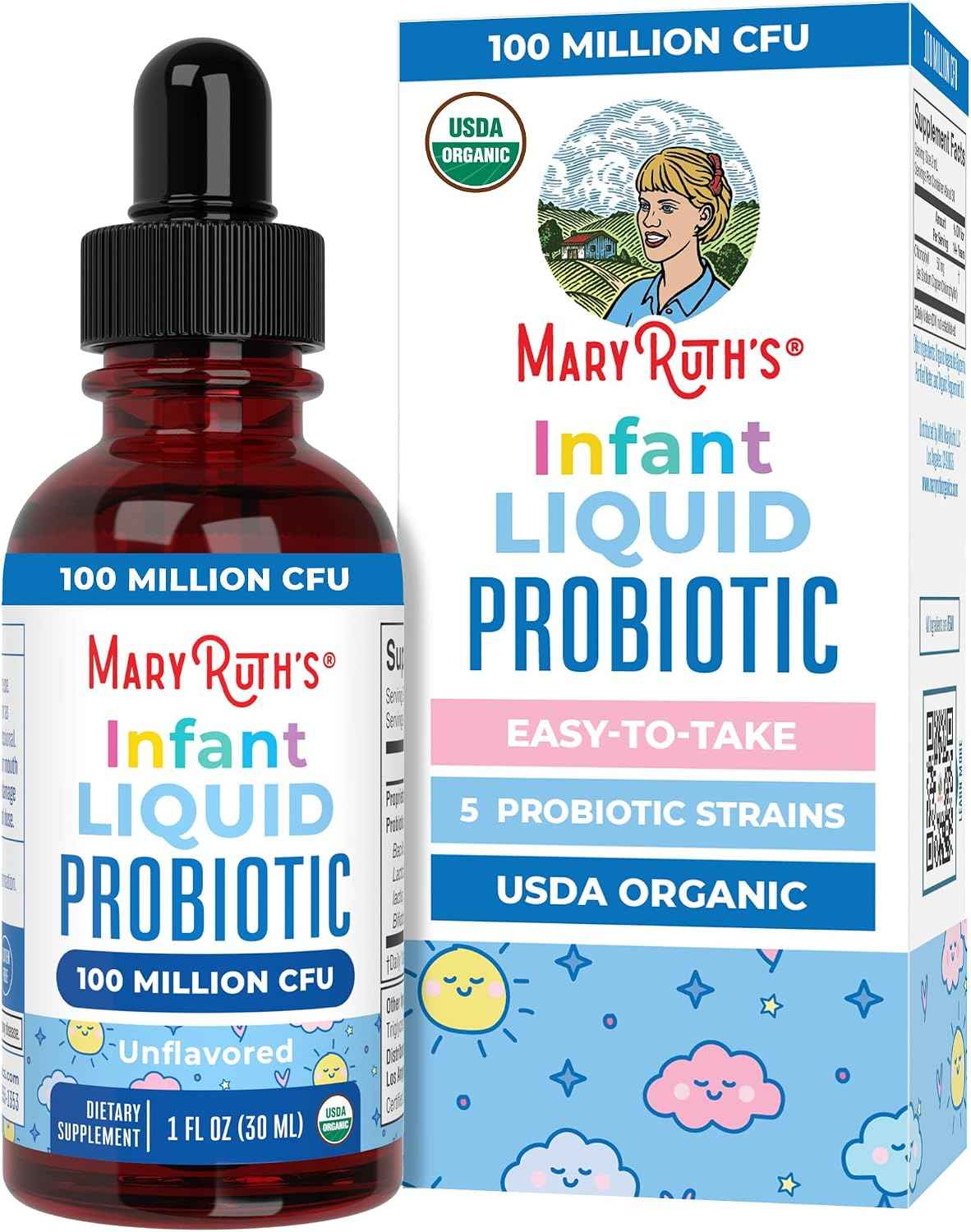 MaryRuth's Organic Infant Liquid Probiotic for Ages 6-12 Months - 100 Million CFU - 5 Probiotic Strains - Probiotics for Infants - Proprietary Probiotic Blend - USDA Organic - Vegan - Unflavored - 1 oz