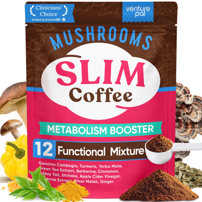 Venture Pal Mushroom Coffee, 12 Mushrooms, Focus & Digestion, 40 Servings - 12 Adaptogenic Mushrooms with Lion's Mane, Cordyceps, Reishi, Turkey Tail, Ashwagandha & Probiotics, Low Caffeine & Calories