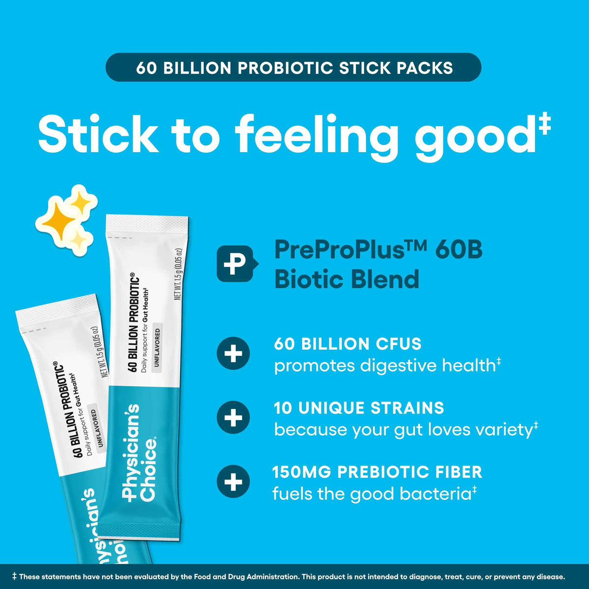 Physician’s Choice 60 Billion CFU Probiotic Stick Packs - 10 Strains + Prebiotics - Immune, Digestive & Gut Health - Supports Occasional Constipation, Diarrhea, Gas & Bloating - for Women & Men - 24CT