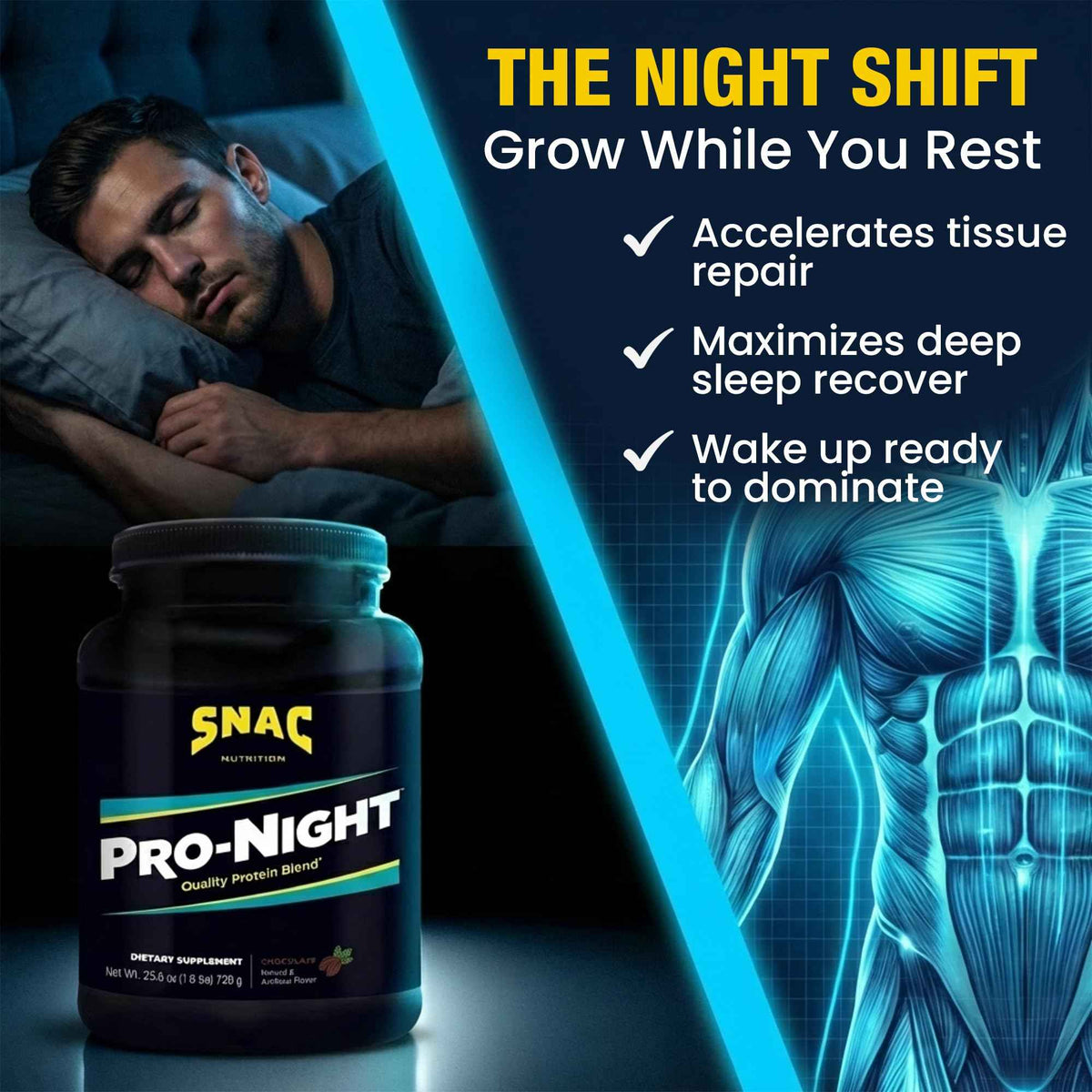SNAC Pro-Night Protein Powder Blend - Quality Protein Powder for Men and Women, Nighttime Recovery, High Protein Supplement, Supports Muscle Repair, 26g Protein per Serving, Chocolate Flavor, 1.6 lbs