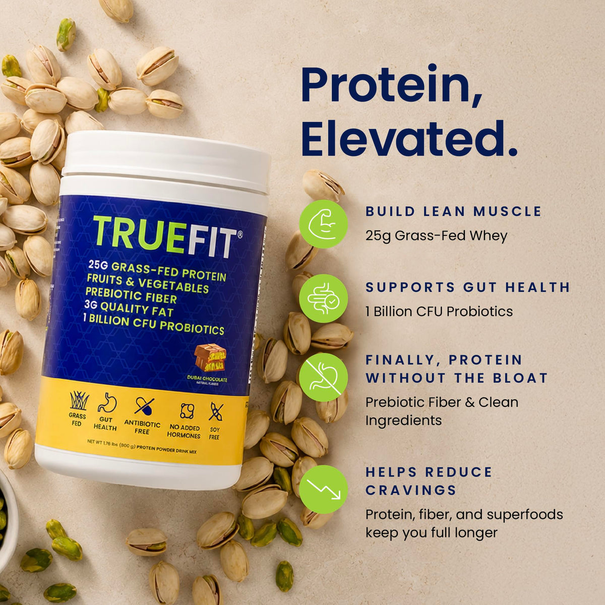 TrueFit Grass-Fed Whey Protein Powder + Fiber & Probiotics, Vanilla Shake - 25g Gut Healthy Protein with Fiber, Probiotics & Non-GMO Superfoods for Complete Meal Replacement Shake with Nothing Fake