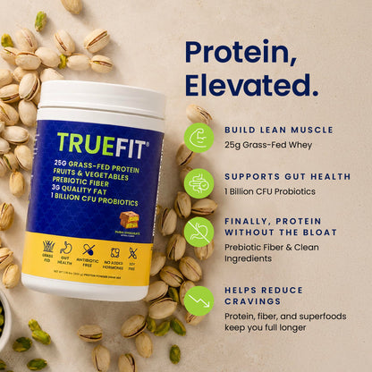 TrueFit Grass-Fed Whey Protein Powder + Fiber & Probiotics, Vanilla Shake - 25g Gut Healthy Protein with Fiber, Probiotics & Non-GMO Superfoods for Complete Meal Replacement Shake with Nothing Fake