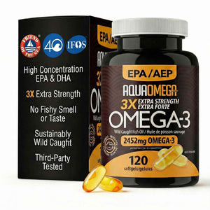 AQUAOMEGA 3X Extra Strength Omega-3 Fish Oil for Heart, Brain & Immune Support, 1636mg EPA, 544mg DHA + Vitamin D3, Full Natural Triglyceride Form,