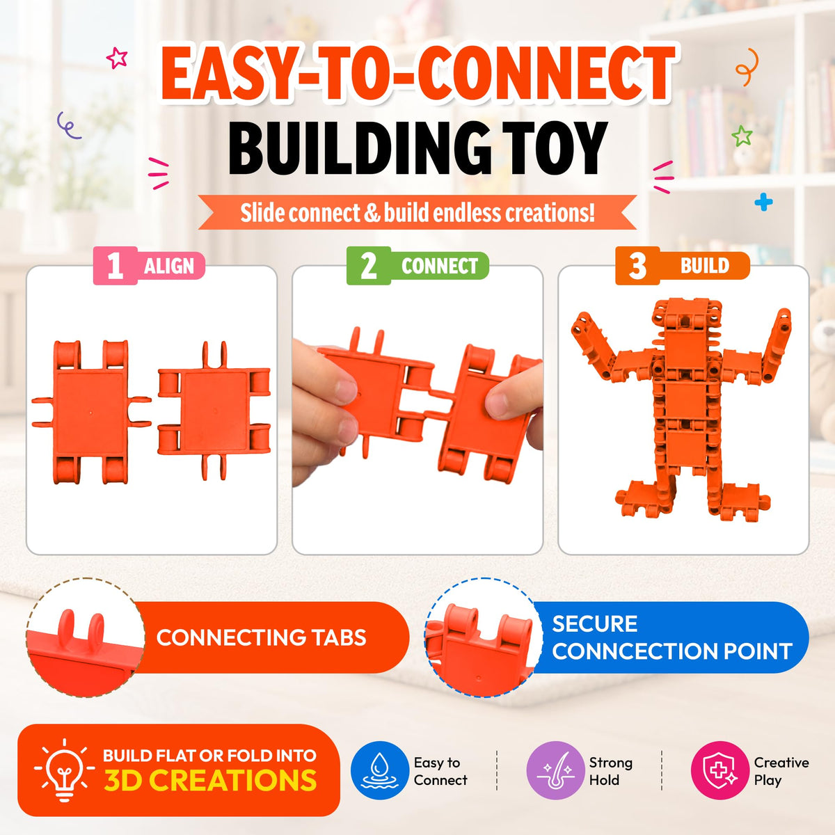 Play Build 100 Piece Orange Snap Connecting Building Toy Set for Kids