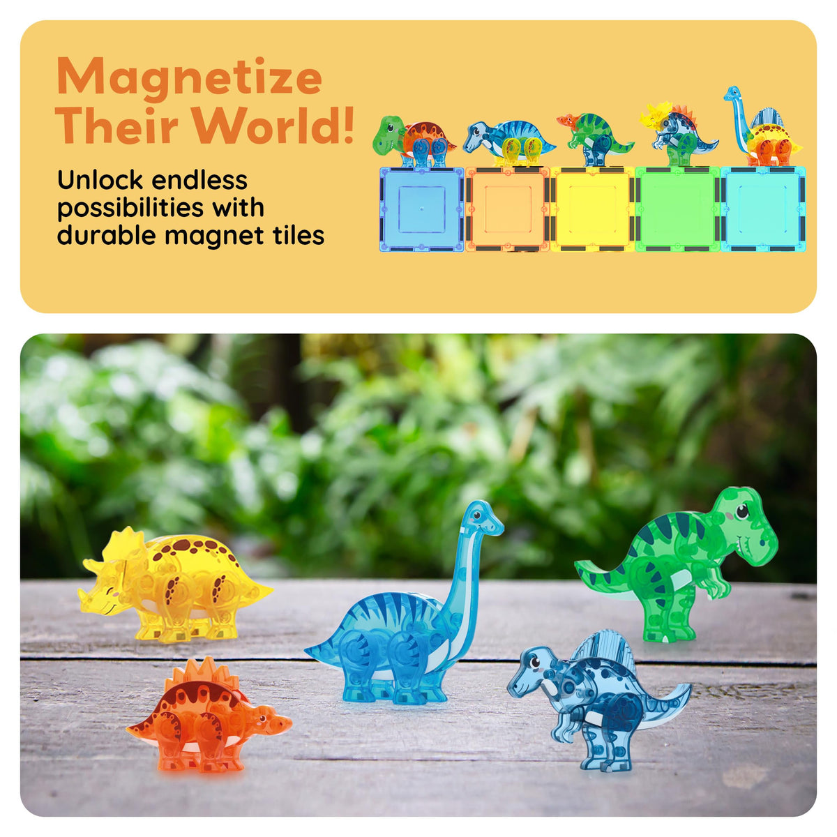 PicassoTiles Dinosaur Magnetic Tiles Accessory Set Mix and Match Dino Figure Parts for STEM Magnet Tile Construction Building Blocks Sets Creative Pretend Play Educational Toy for Kids Ages 3+ PTA28