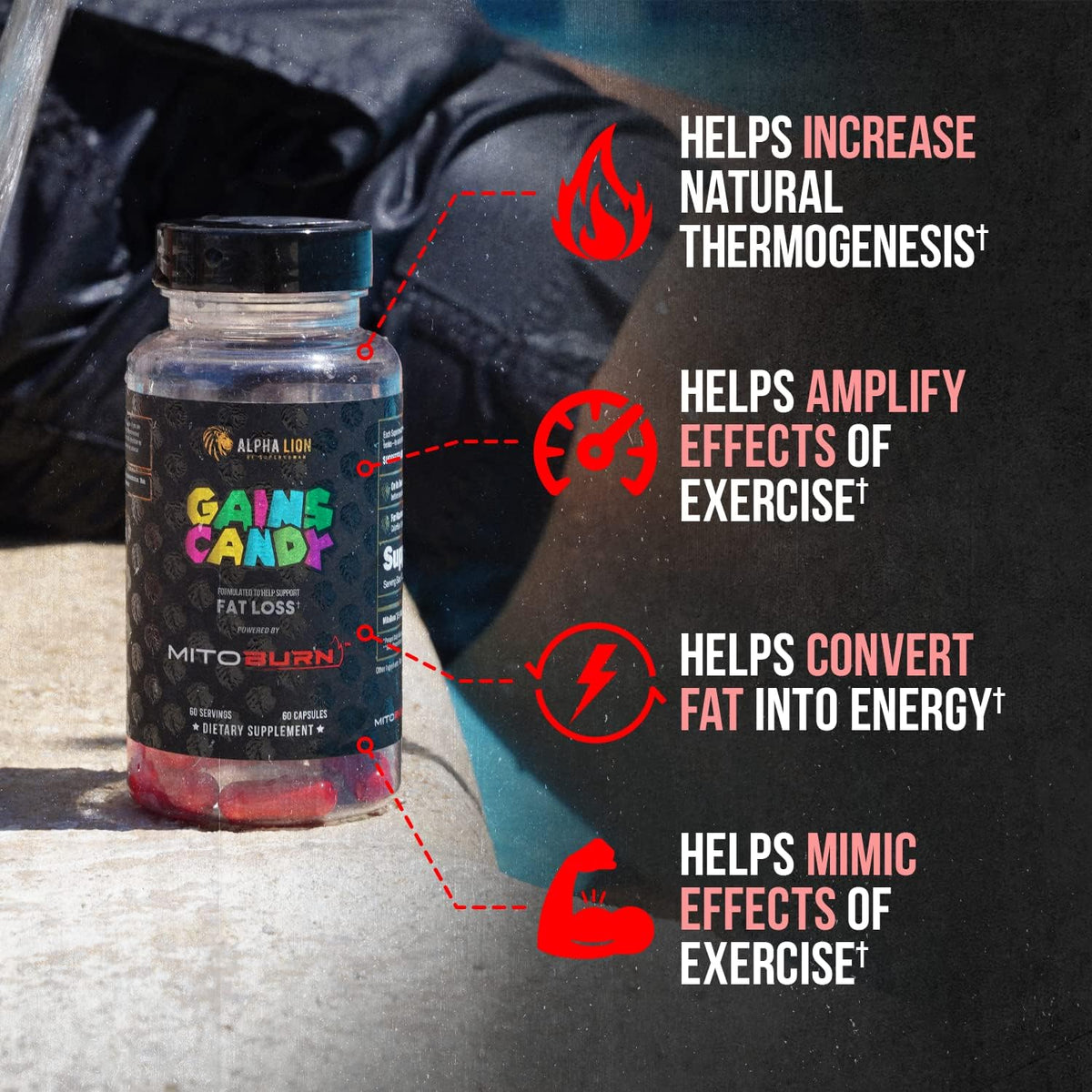 ALPHA LION Gains Candy, Supplement Pills that Support Weight Loss, Appetite Suppressant, Keto-Diet Friendly, Decrease Body Fat, Upgrade Energy & Workout Performance, 60 Capsules (MitoBurn)