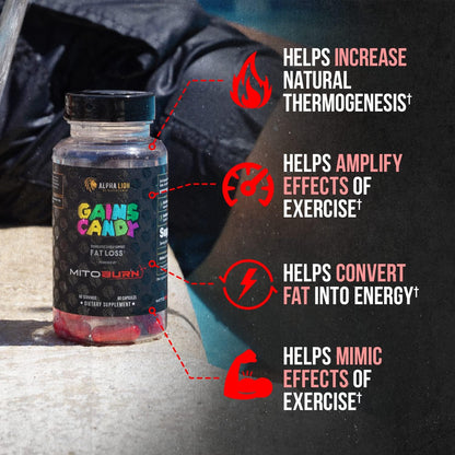 ALPHA LION Gains Candy, Supplement Pills that Support Weight Loss, Appetite Suppressant, Keto-Diet Friendly, Decrease Body Fat, Upgrade Energy & Workout Performance, 60 Capsules (MitoBurn)