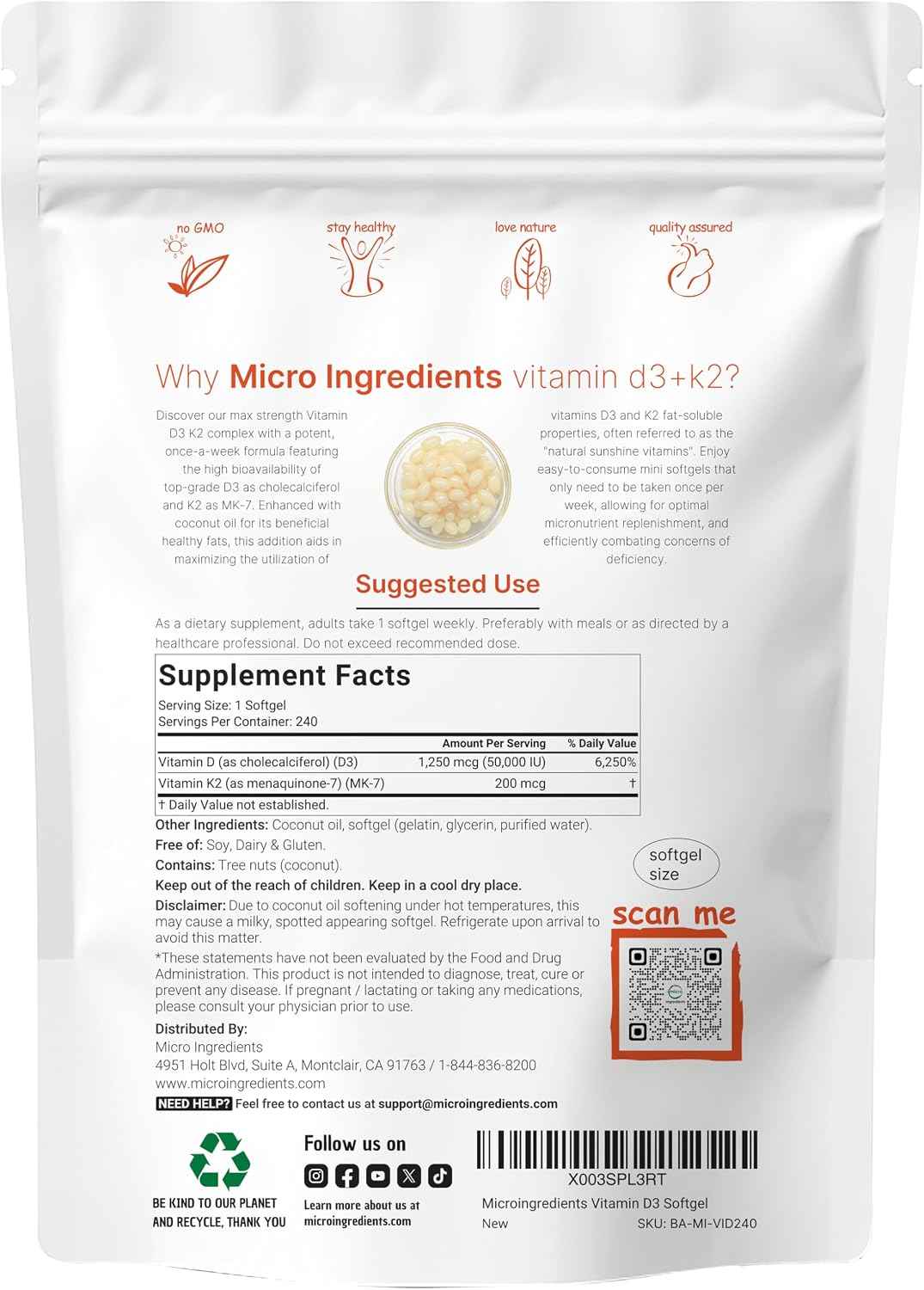 Micro Ingredients Vitamin D3 50,000 IU + K2 MK-7 200 mcg, 240 Softgels - Virgin Coconut Oil - 2-in-1 Support - Easy to Swallow, Non-GMO