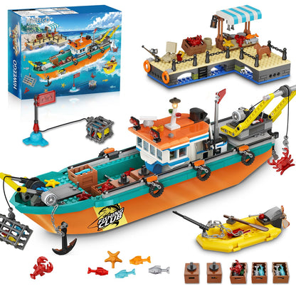 City Fishing Boat Wharf Building Set - Floatable Sea Fishing Ship Building Block Kit with Speedboat Crane Containers Exploration Boats Toy Birthday Gift for Kids Boys Girls 6 7 8 9 10+, 762PCS