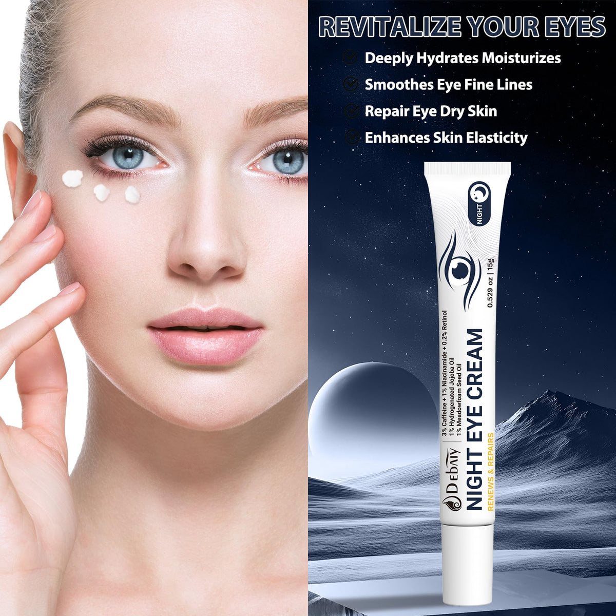 DEBAIY 3% Caffeine Eye Cream for Dark Circles & Puffiness – Anti-Aging Under Eye Treatment for Bags, Night Repair Eye Cream (3 Pack)
