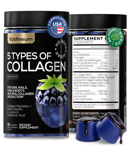 Collagen Peptides Gummies Sugar Free 3000mg Multi Collagen Blend for Hair Skin & Nails Support + 2500mg Keratin + 5000mcg Biotin, Hyaluronic Acid, Vitamin C & Zinc, 60 Gummies (Packaging May Vary)