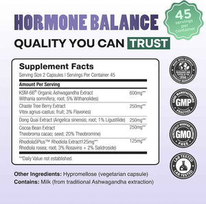 Hormone Balance for Women - Natural Mood Supplement - PMS Relief and Menopause Support - Featuring Clinically Studied KSM-66 Ashwagandha (90 Capsules)