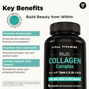 Vital Vitamins Multi Collagen for Women & Men - Type I, II, III, V, X - Grass Fed, Non-GMO - 150 Capsules Vital Vitamins buy supplements Au